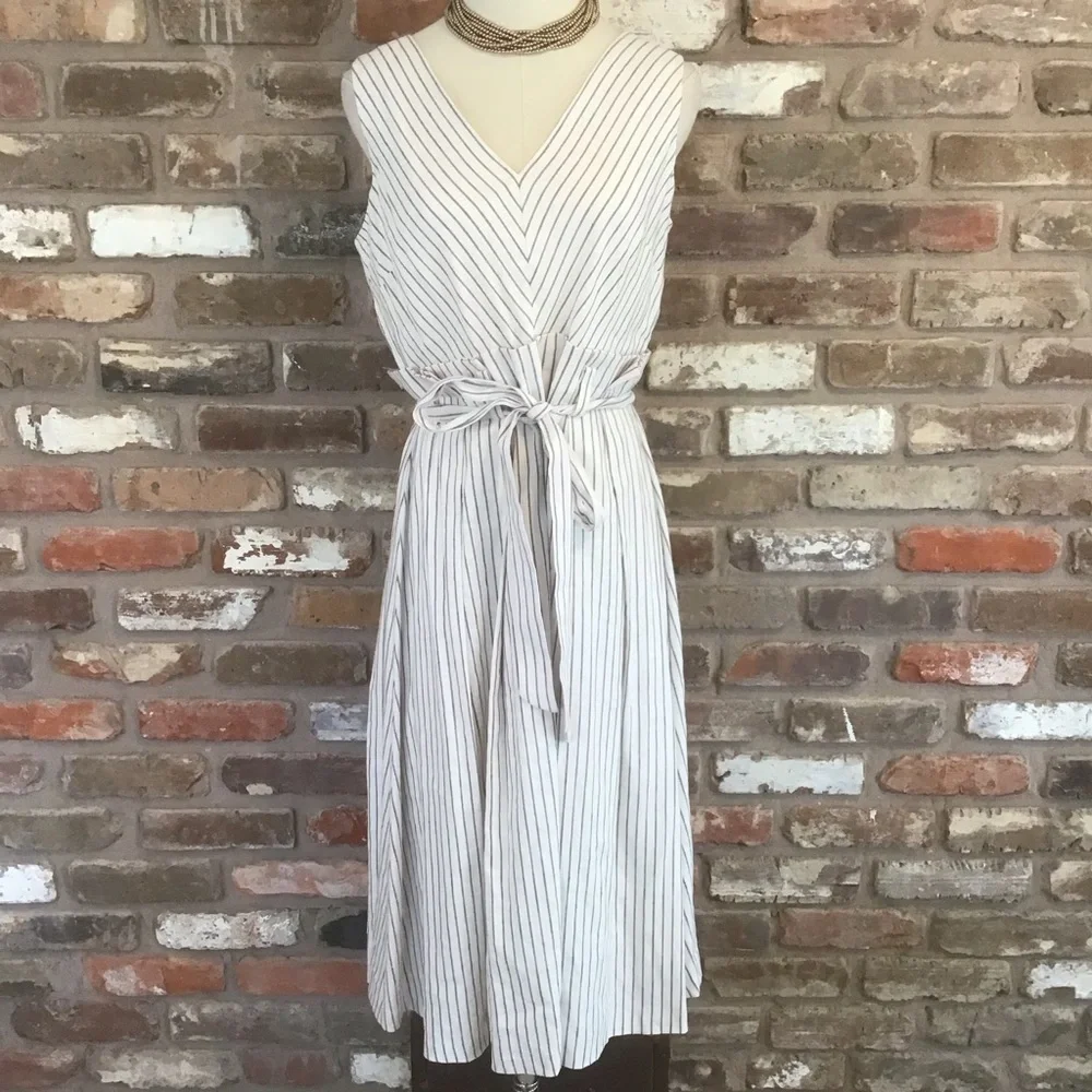 ANTONIO MELANI Women's Ivory Stripe Sleeveless V-neck Sash Linen Midi Dress 10 - Picture 3 of 8